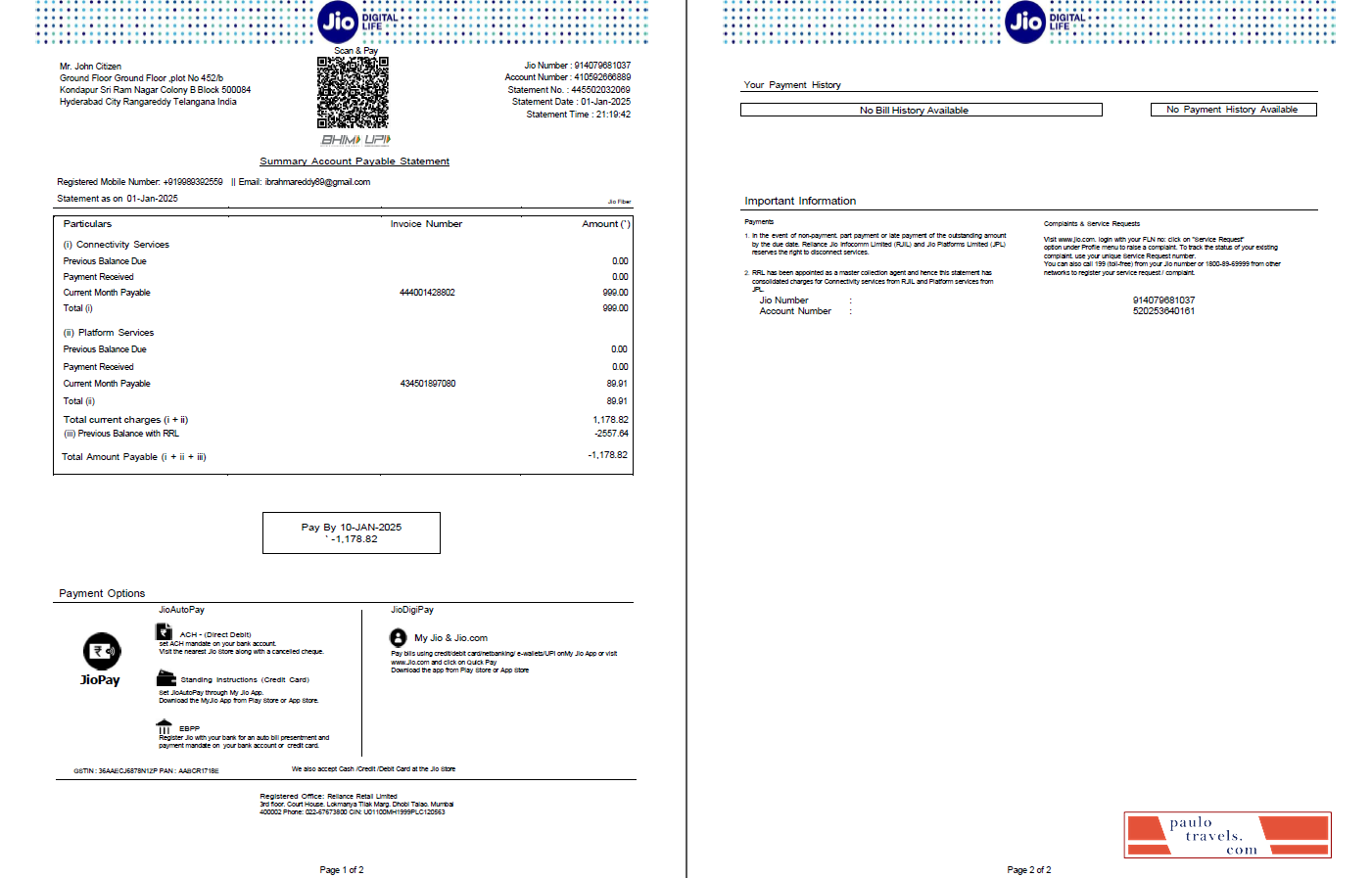 India Jio Digital Life utility bill template in Word and PDF formats, 2 pages, version 3